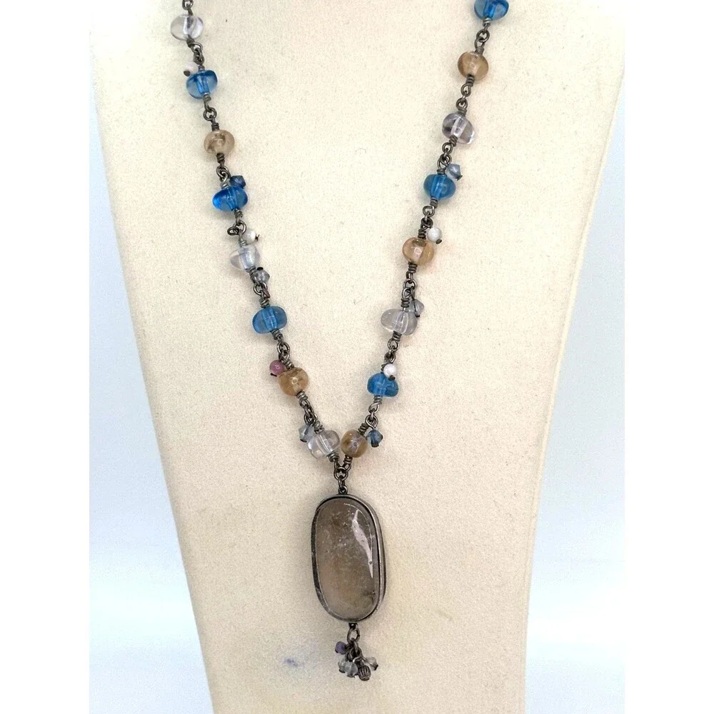 Vintage Monet Quartz Pendant Pastel Beaded Necklace Blue Peach
